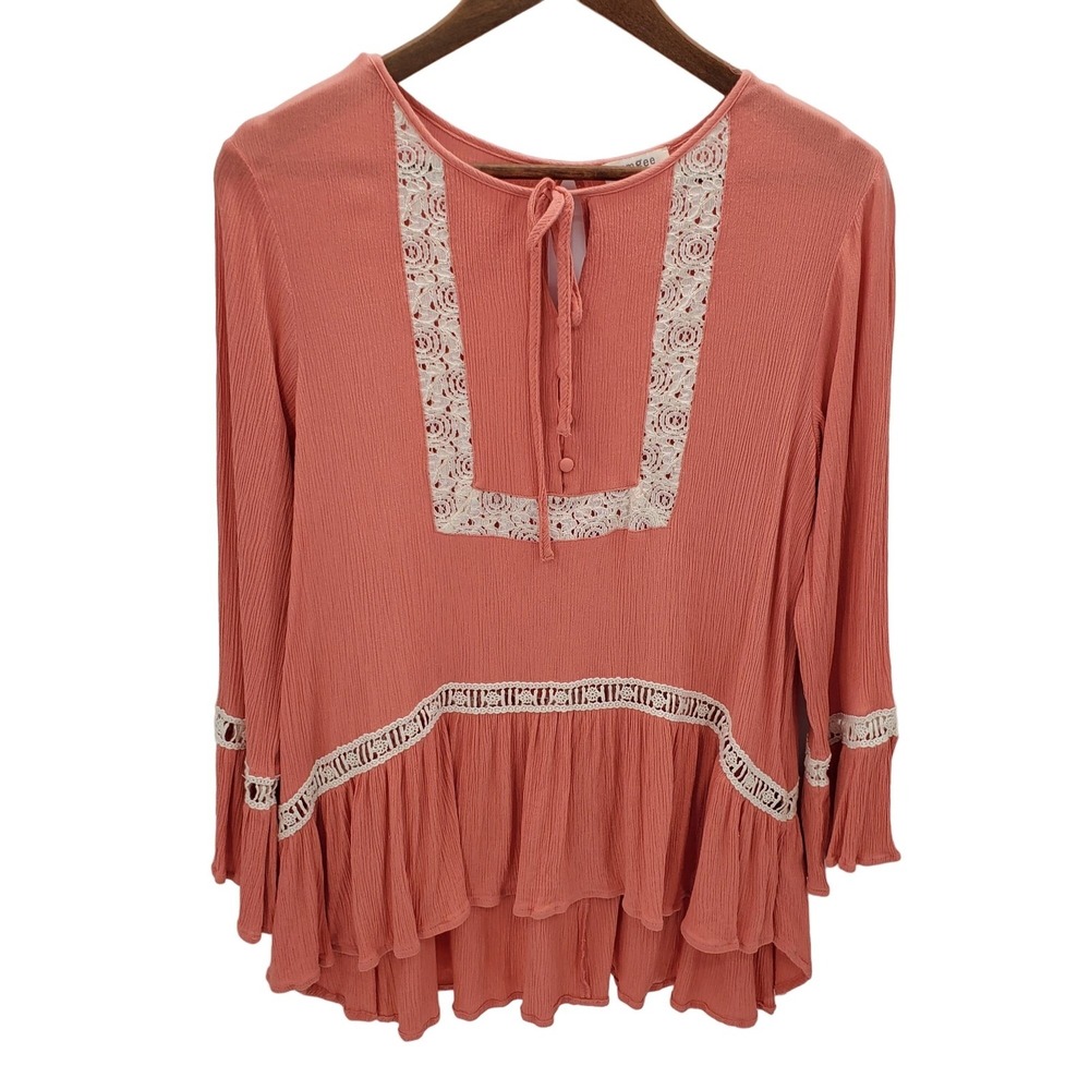 Umgee Womens M Peach Lace Trim Boho Peplum Tunic Blouse Long Sleeve Top